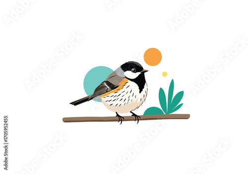 A small bird sits on a branch with colorful abstract shapes in the background.