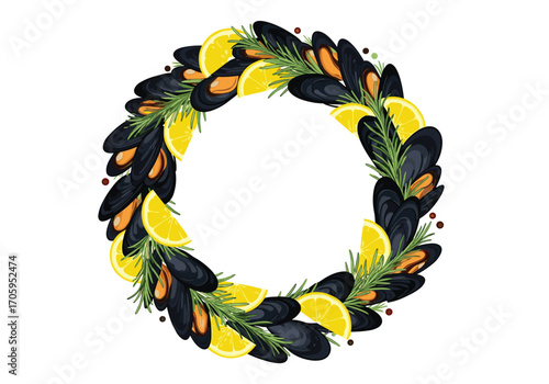 A circular arrangement of cooked mussels with lemon slices and herbs.