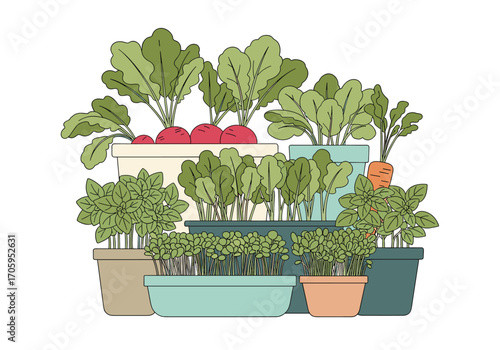 A vibrant collection of fresh vegetables growing in various pots.
