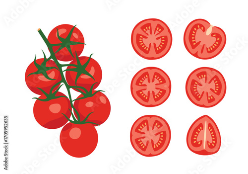 Fresh ripe red tomatoes on the vine sliced and whole.
