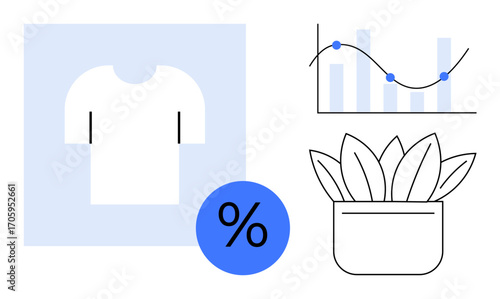 White T-shirt, blue percentage symbol, bar chart with growth curve, and plant in pot. Ideal for retail, sales, marketing, analytics eco-friendly goods growth strategy and savings. Simple flat
