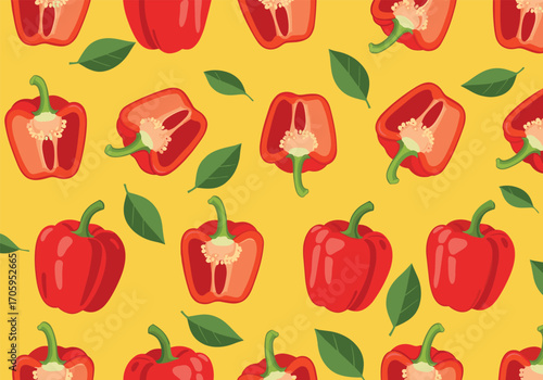 A vibrant red bell pepper pattern with fresh green leaves scattered across a sunny yellow background.