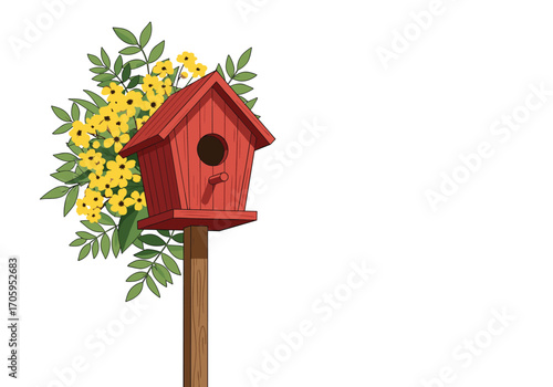 A charming red birdhouse sits proudly surrounded by vibrant yellow flowers.