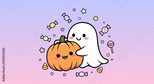 Cute Halloween illustration of a friendly ghost hugging a smiling pumpkin, surrounded by colorful candies and stars on a pastel gradient background