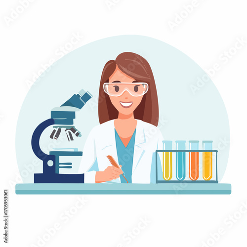 Female Scientist in Lab with Microscope and Test Tubes Research and Experiment