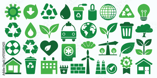Green Eco Icons Representing Sustainability and Environmental Awareness, Showing Renewable Energy, Recycling, and Conservation Efforts for a Cleaner Future