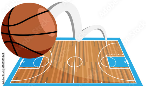 Bouncing ball on a basketball court on a transparent background