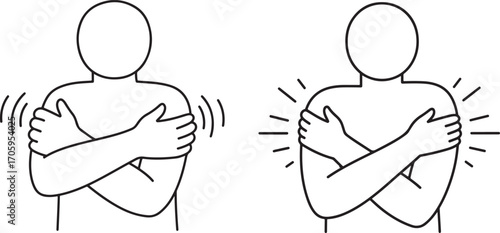 Two figures hugging themselves showing different sensations silhouette