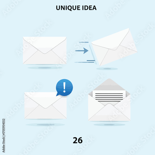 Four Envelopes Showing Sending Receiving and Notification of Mail Keywords: envelopes, mail, sending, receiving, notification, message, email, communication, delivery, post, letter, white, blue