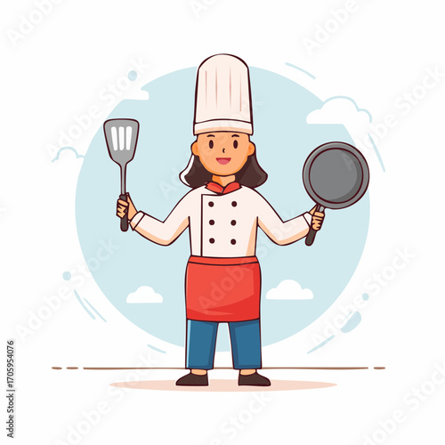 Cute female chef character in uniform holding a spatula and frying pan. Cartoon illustration for culinary and cooking concepts