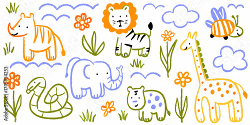 Cute hand drawn safari animals and nature elements for childrens designs