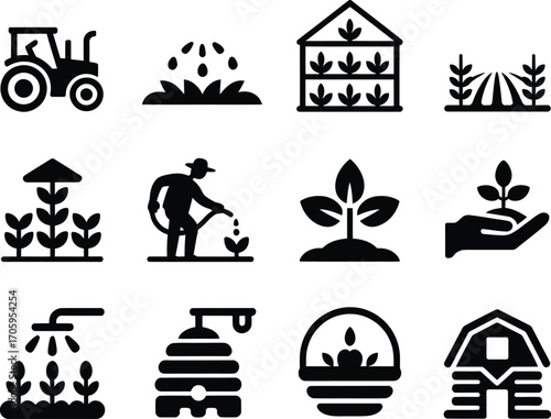 Collection of agricultural icons representing farming and crop cultivation activities