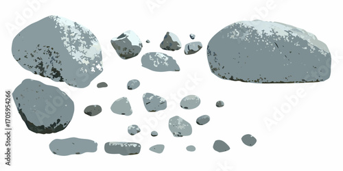 Collection of various grey textured stones and pebbles scattered on a clean white background