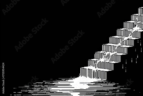 A stark black & white image showcases water cascading down a geometric staircase, merging into a shimmering puddle at the bottom, a visually striking scene