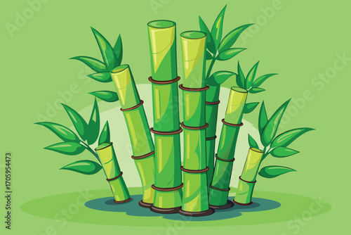 Vibrant Bamboo Grove Illustration with Lush Green Leaves, Brown Rings, and a Light Green Background Depicting Tranquility and Natural Beauty