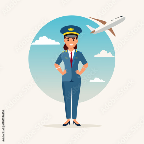 Modern flat vector illustration of a friendly female pilot standing confidently in uniform with an airplane flying in the sky background