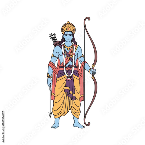 Illustration of Rama, the Hindu deity, in a vintage style, holding a bow and arrow, dressed in traditional attire with a serene expression.