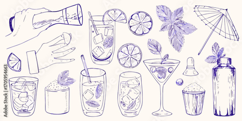 Hand preparing refreshing cocktails with ice citrus and mint leaves in a sketched style
