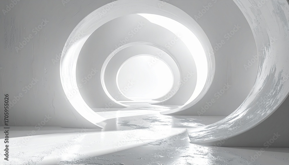 Obraz premium Abstract white tunnel with circular openings and bright light at the end.