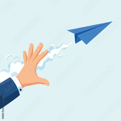 Hand Reaching For Blue Paper Airplane Flying With Smoke Trail Keywords: hand, reaching, paper airplane, blue, flying, success, business, start, launch, freedom, aspiration, goal, journey, speed
