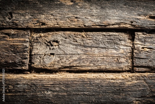 Close up of weathered, textured wooden planks showing the grain and aged appearance