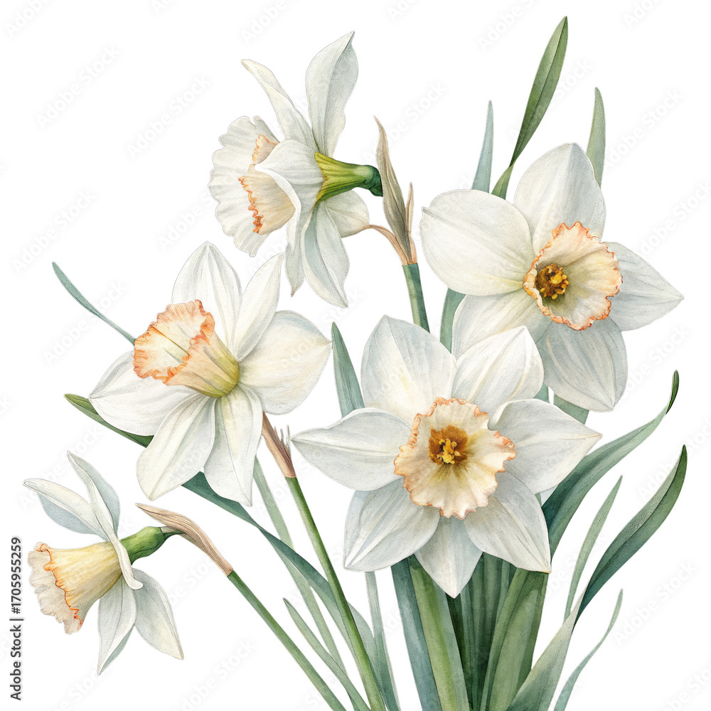 Fototapeta premium Watercolor white daffodils floral illustration isolated on a transparent background flowers