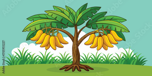 Vibrant Banana Tree Illustration Displaying Bunches of Ripe Yellow Bananas Against a Background of Blue Sky and Lush Greenery