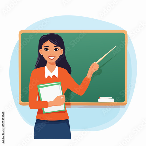 Cheerful Teacher with Pointer and Book in Classroom Education and Presentation Concept
