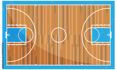Basketball court with wooden effect flooring, sports graphic element