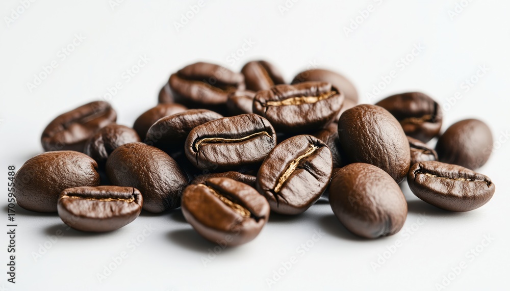 Naklejka premium White Background With A Heap Of Coffee Beans On Top, Creating An Eye-Catching Display Of Coffee Goodness. Ideal For Coffee Lovers.