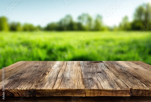 Rustic wood table facing a bright green meadow and scattered trees, all set beneath a sunny blue sky