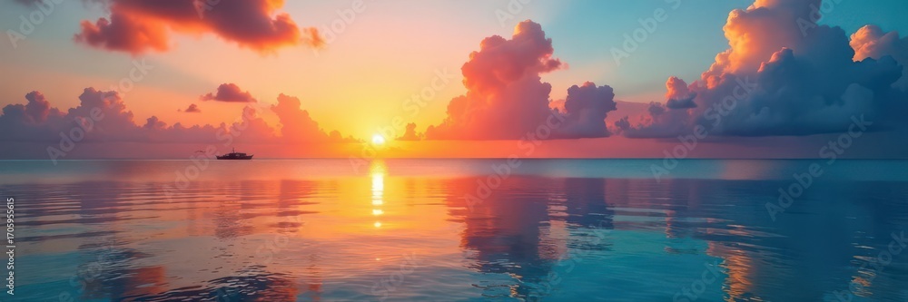 Fototapeta premium Vibrant sunrise paints Maldives sky, reflecting on calm ocean , yellow, pink, sun