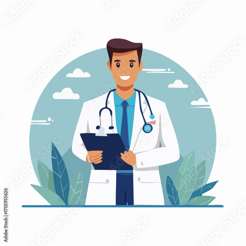 Vector illustration of a smiling male doctor with a stethoscope and clipboard, representing professional medical care and health services