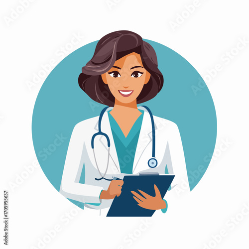 Friendly female doctor character with clipboard and stethoscope. Concept of healthcare, medicine, and professional assistance