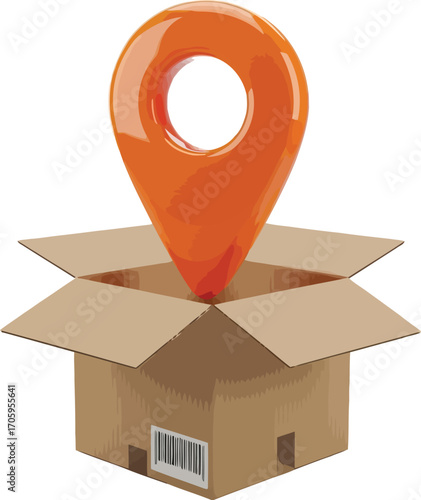 Open Cardboard Box with Orange Location Pin on White Background delivery shipping
