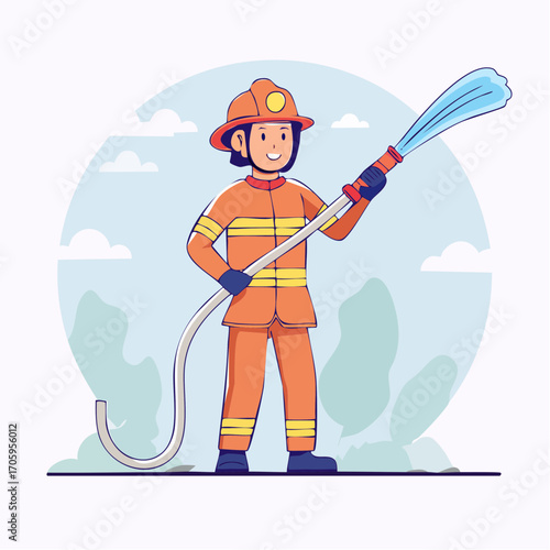 Firefighter on Duty A Vector Illustration of a Brave Professional with Water Hose