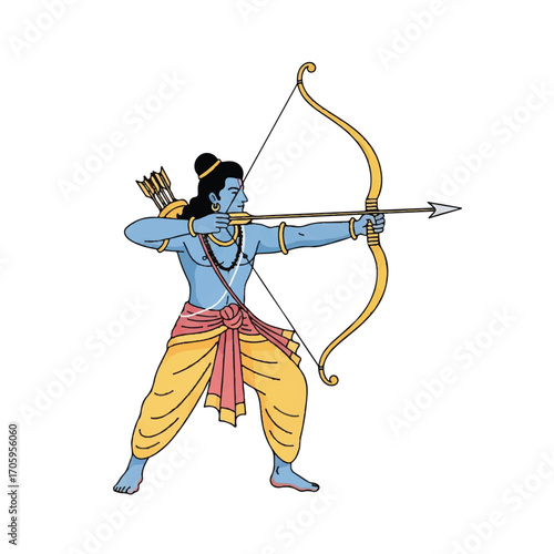 Illustration of Rama, the blue-skinned Hindu god, aiming a golden bow and arrow in a vintage style with a bold and mythological mood.