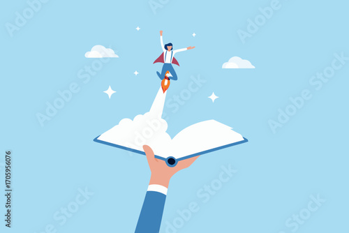 Person flying on a rocket launching from an open book held by a hand symbolizing knowledge and imagination