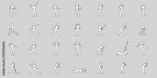 Collection of simple line drawing human figures in various poses and actions on a gray background
