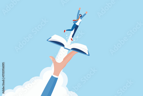 Person jumping out of an open book held by a hand symbolizing knowledge and success