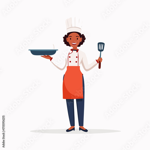 Smiling African American Female Chef Holding Tray and Spatula, Preparing Food in Kitchen
