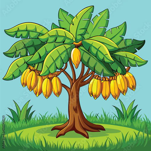 Cartoon Banana Tree with Ripe Yellow Bananas in a Lush Green Meadow Against a Light Blue Sky Background
