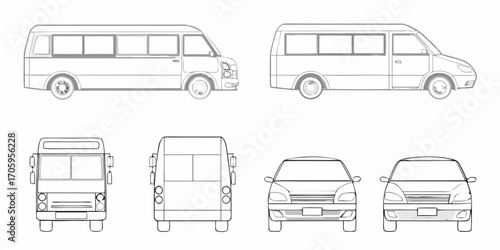 Collection of line art vehicle silhouettes showing side front and rear views of buses and cars