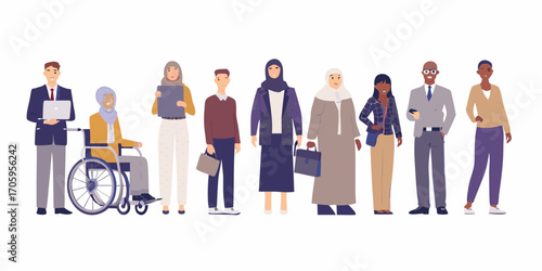 Diverse group of people in professional attire representing various ethnicities ages and abilities standing together