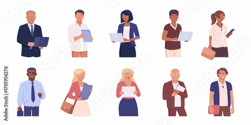 Diverse group of professionals holding laptops tablets and phones in a flat design style