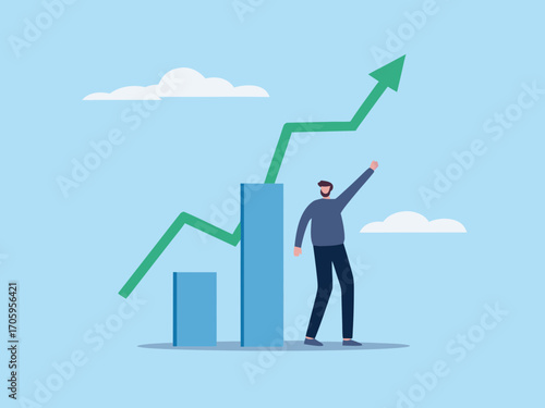 Man celebrates success with a rising green arrow graph and bar chart on a light blue background with clouds
