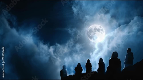 A group of people are standing on a hillside, looking up at the moon. The sky is dark and cloudy, and the moon is large and bright