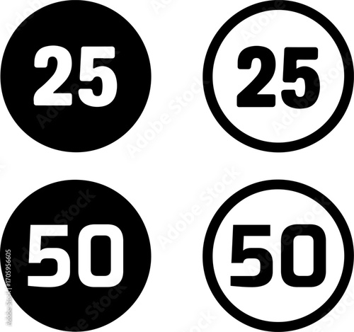Speed limit signs showing 25 and 50 in black and white circles