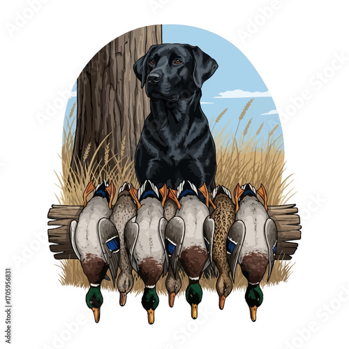 A black labrador retriever sits proudly with a row of harvested ducks.