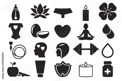 Collection of wellness and selfcare icons in black and white isolated
